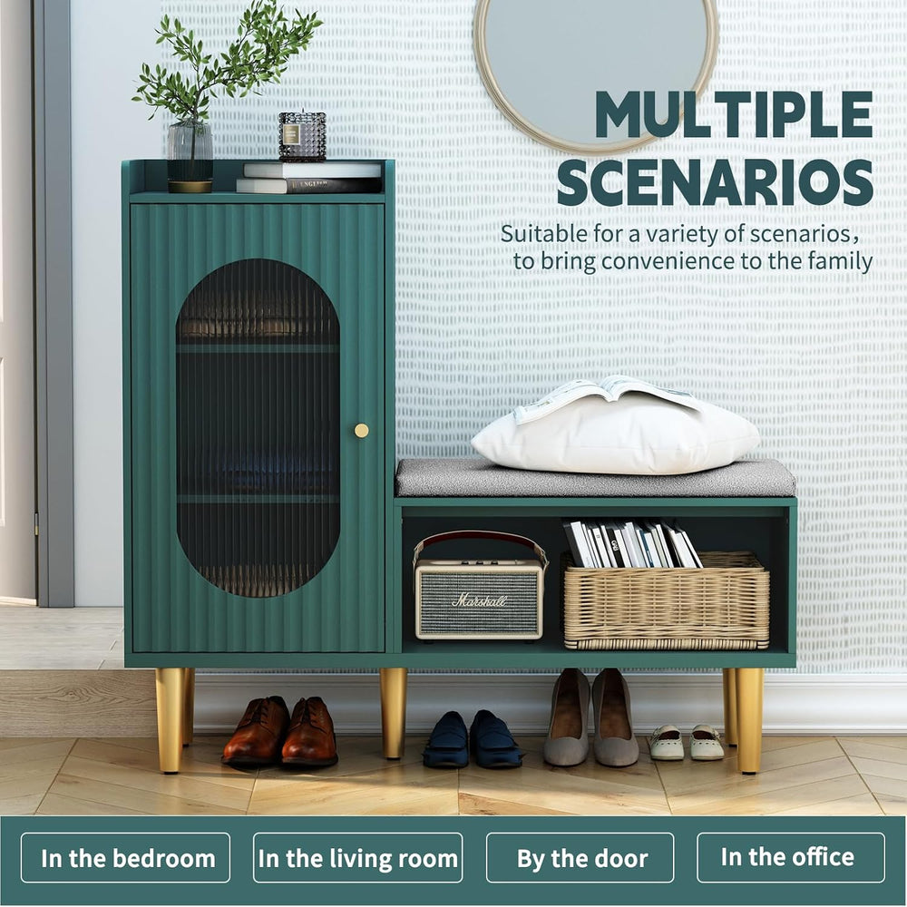 HLR Storage Bench Set of 2, Green Modern Entryway Shoe Cabinet Bench with Gla...