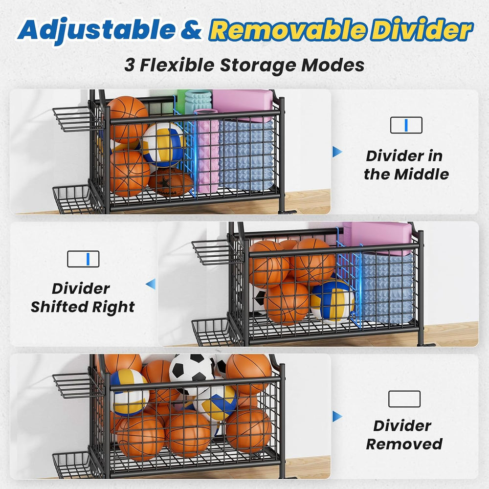 Garage Sports Equipment Organizer with Wheels, All-in-One Ball Storage