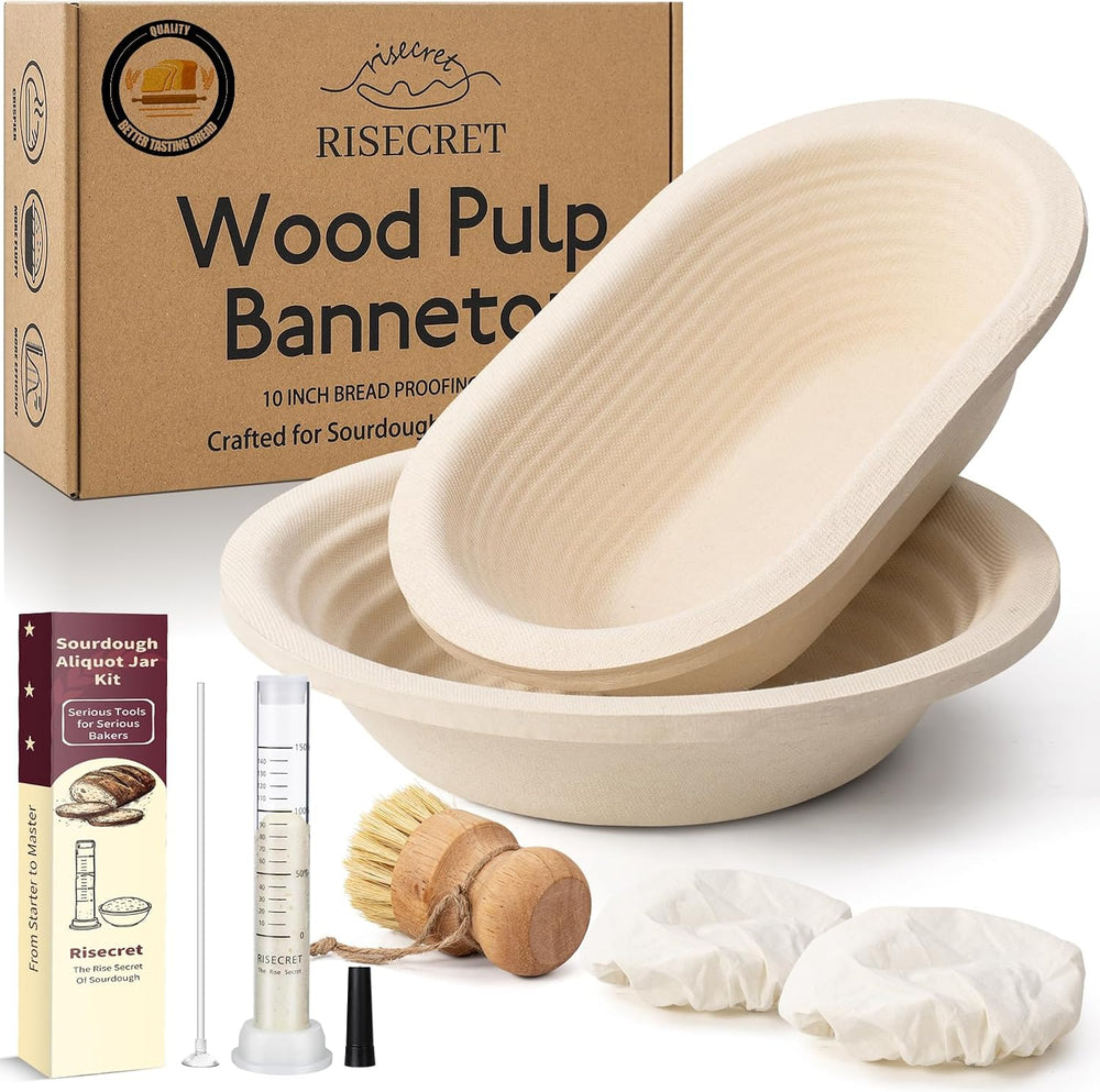 Non-Stick Wood Pulp Banneton Bread Proofing Basket Set With Aliquot Jar, 9&qu...