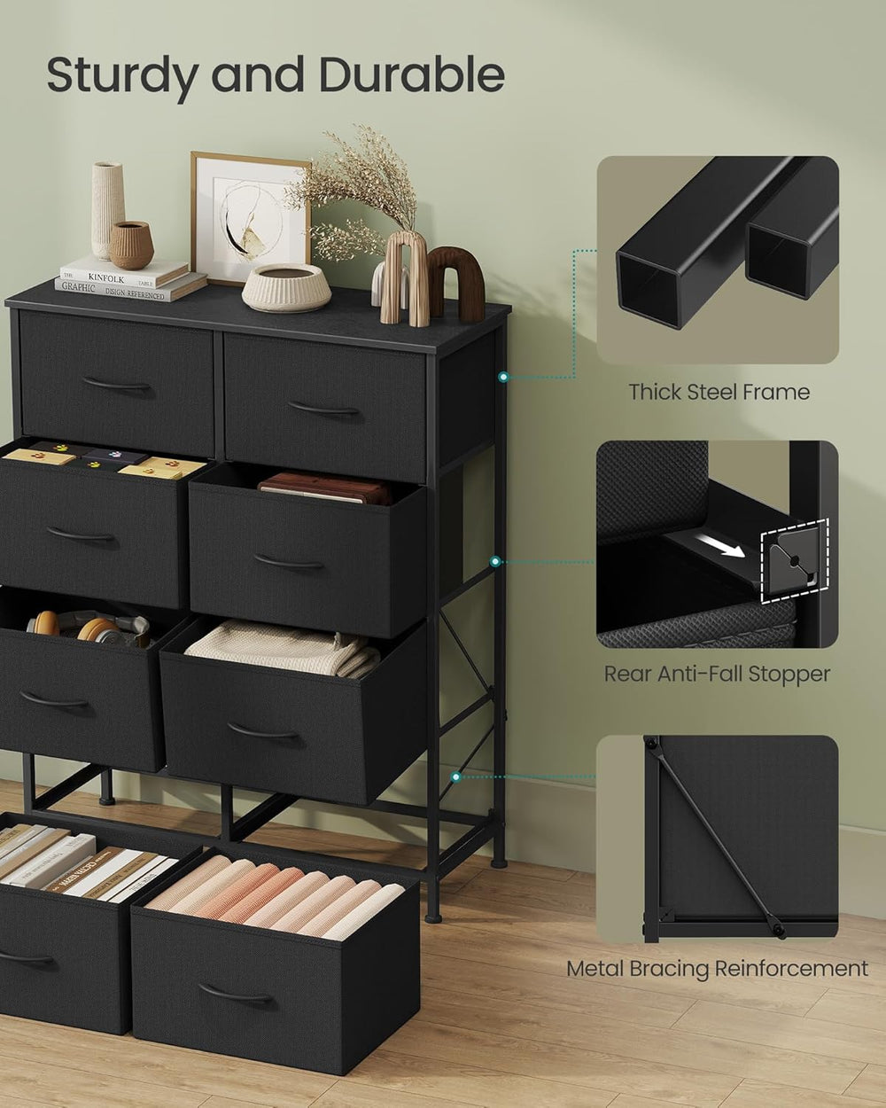 SONGMICS Dresser for Bedroom, Chest of Drawers, Steel, MDF, 8 Non-Woven Fabri...