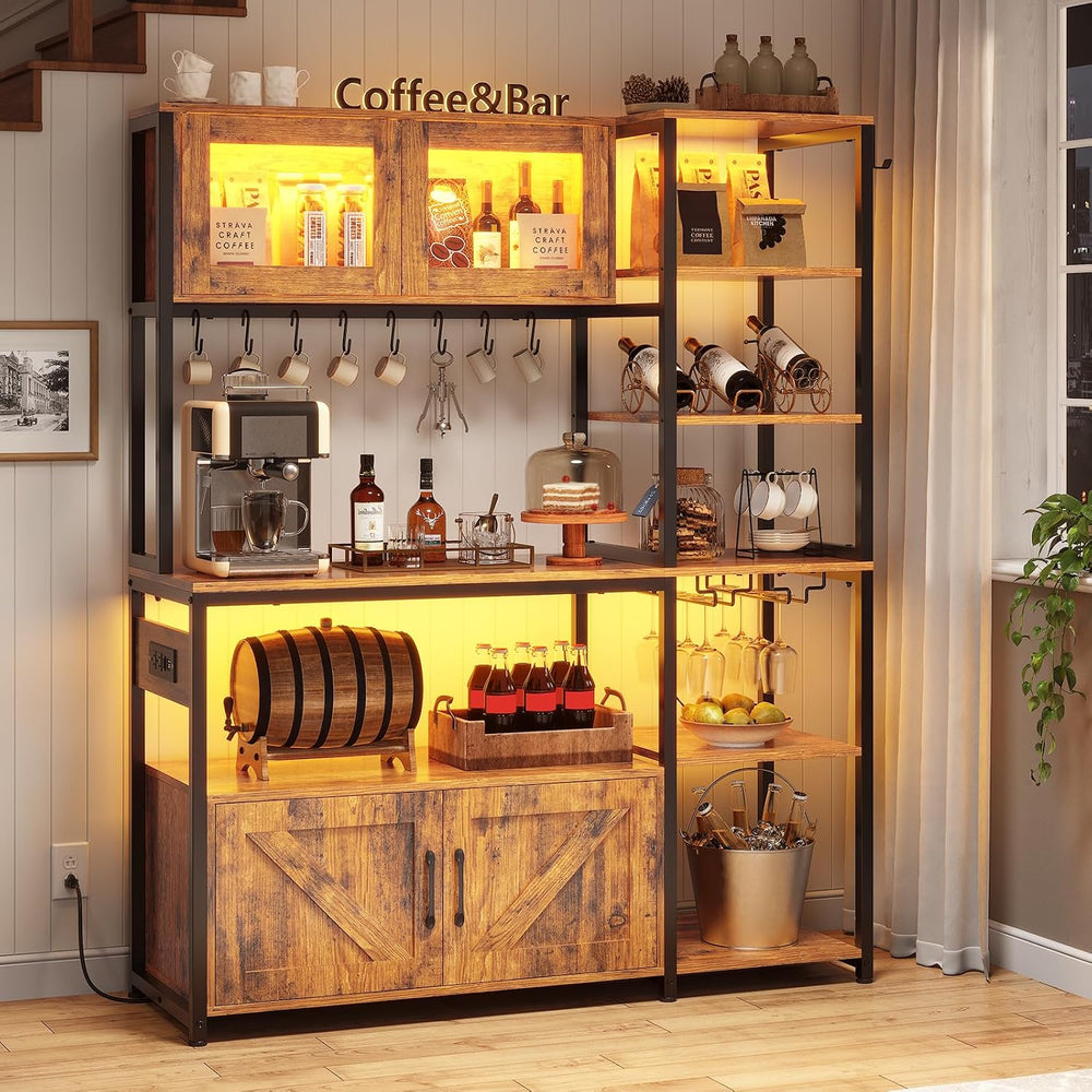 Itaar Bakers Rack with Power Outlet and LED Light, 45.3 Inch Farmhouse Coffee...