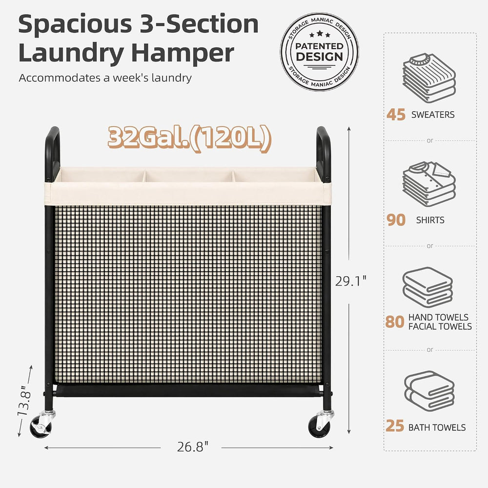 STORAGE MANIAC Rolling Laundry Hamper with Wheels 3-Section Laundry Sorter Ro...