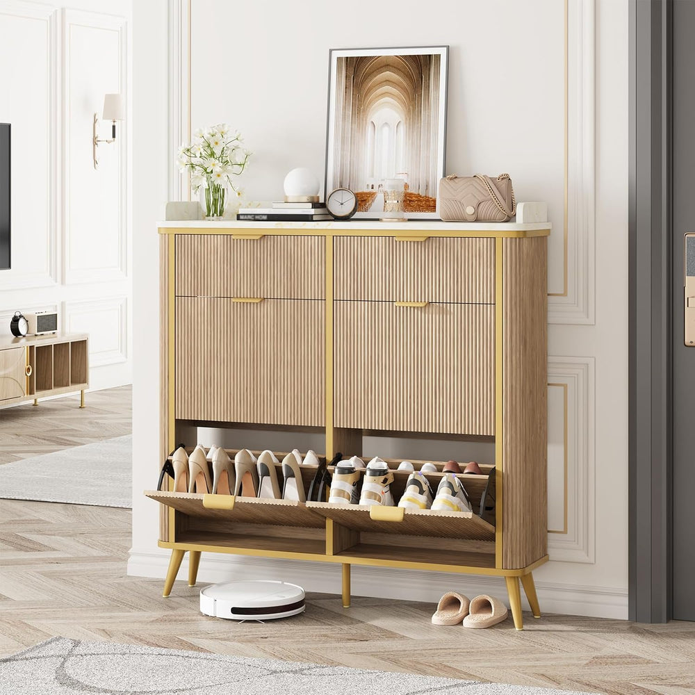 Fluted Shoe Storage Cabinet with 4 Flip Drawers & 2 Drawers, Freestanding...