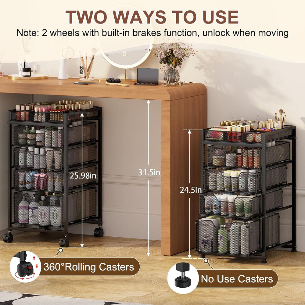 5-Tier Rolling Makeup Cart Organizer with 4 Drawers, Cosmetics Display with D...