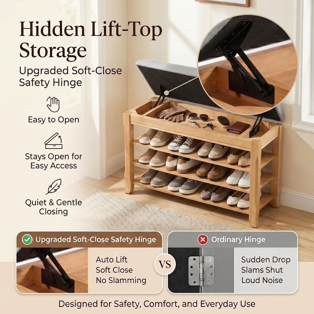 Solid Wood Shoe Bench, 31.5” Shoe Rack for Entryway Storage