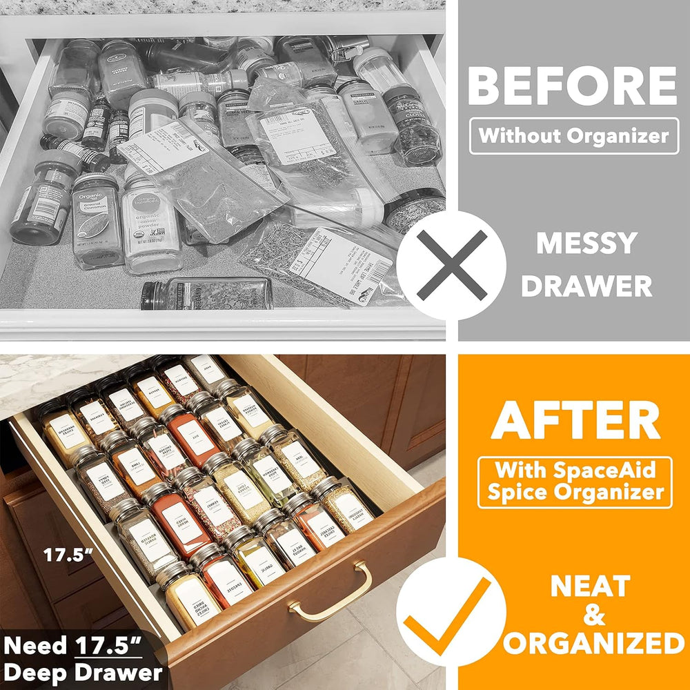 SpaceAid Spice Drawer Organizer with 24 Spice Jars, 378 White Minimalist Spic...