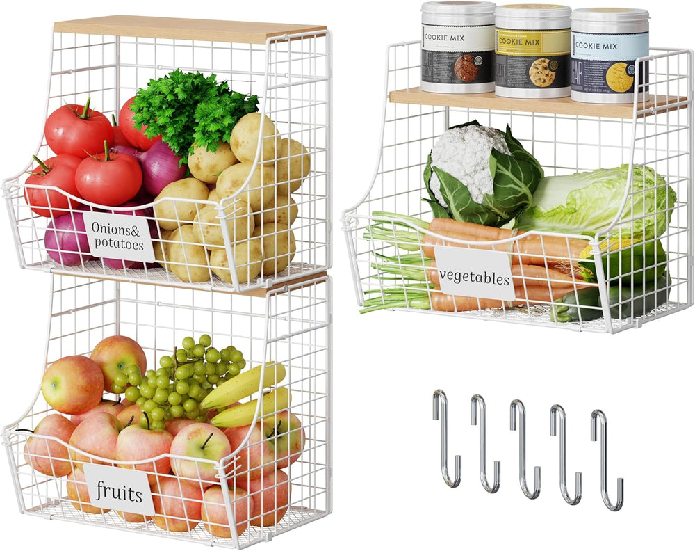 3 Pack Hanging Fruit Basket for Kitchen with Wood Lid - Onion and Potato Stor...