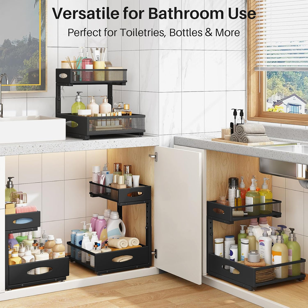 Under Sink Organizer, 2 Pack 2 Tier Pull Out Under Cabinet Organizer Shelf wi...