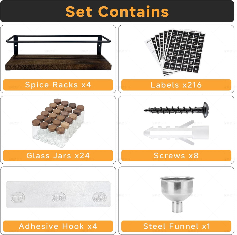 4-Tier Wall Mount Spice Rack Organizer with 24 Glass Jars, 216 Labels & F...