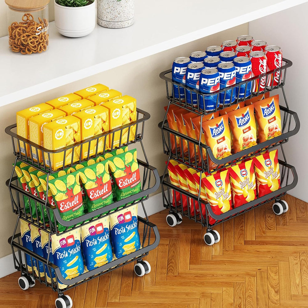 3-Tier Rolling Pantry Cart with Wheels, Stackable Wire Storage Floor Organize...