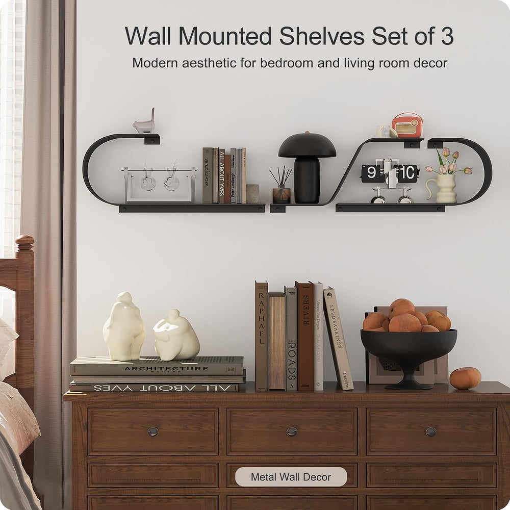Black Floating Shelves Set of 3, Black Metal Decor, Unique Mounted Floating S...
