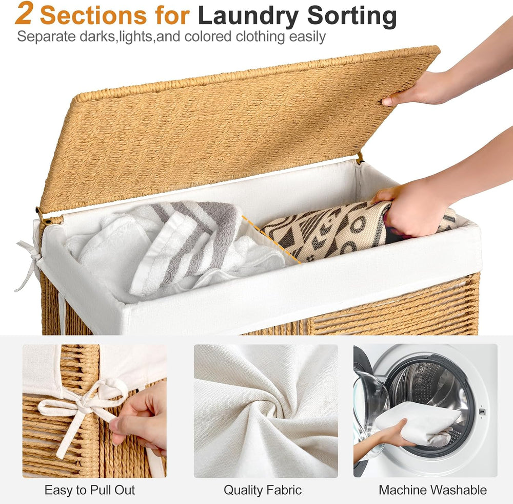 WOWLIVE Double Laundry Hamper with Wheels, Handwoven Rolling Laundry Basket