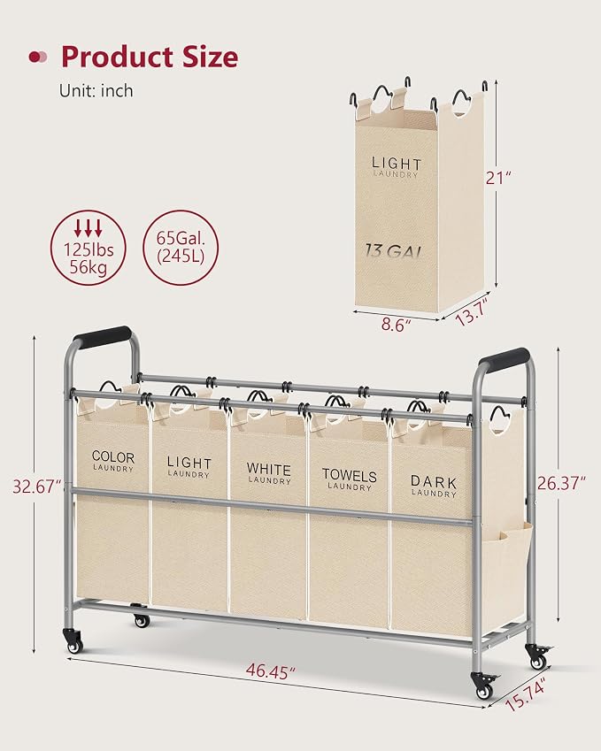 Tajsoon Laundry Sorter 5 Sections, Laundry Hamper
