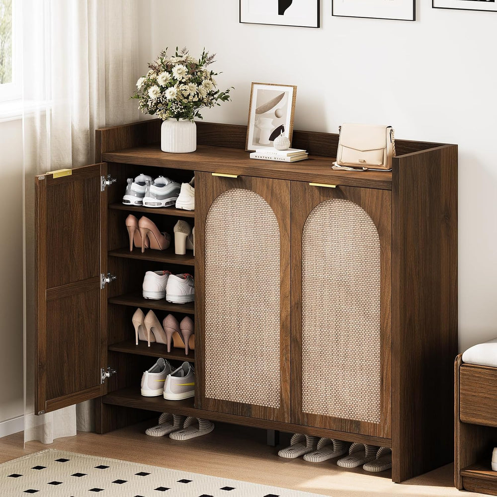 Rattan Shoe Storage Cabinet, Wooden Shoe Rack Organizer Cabinet with 3 Doors ...
