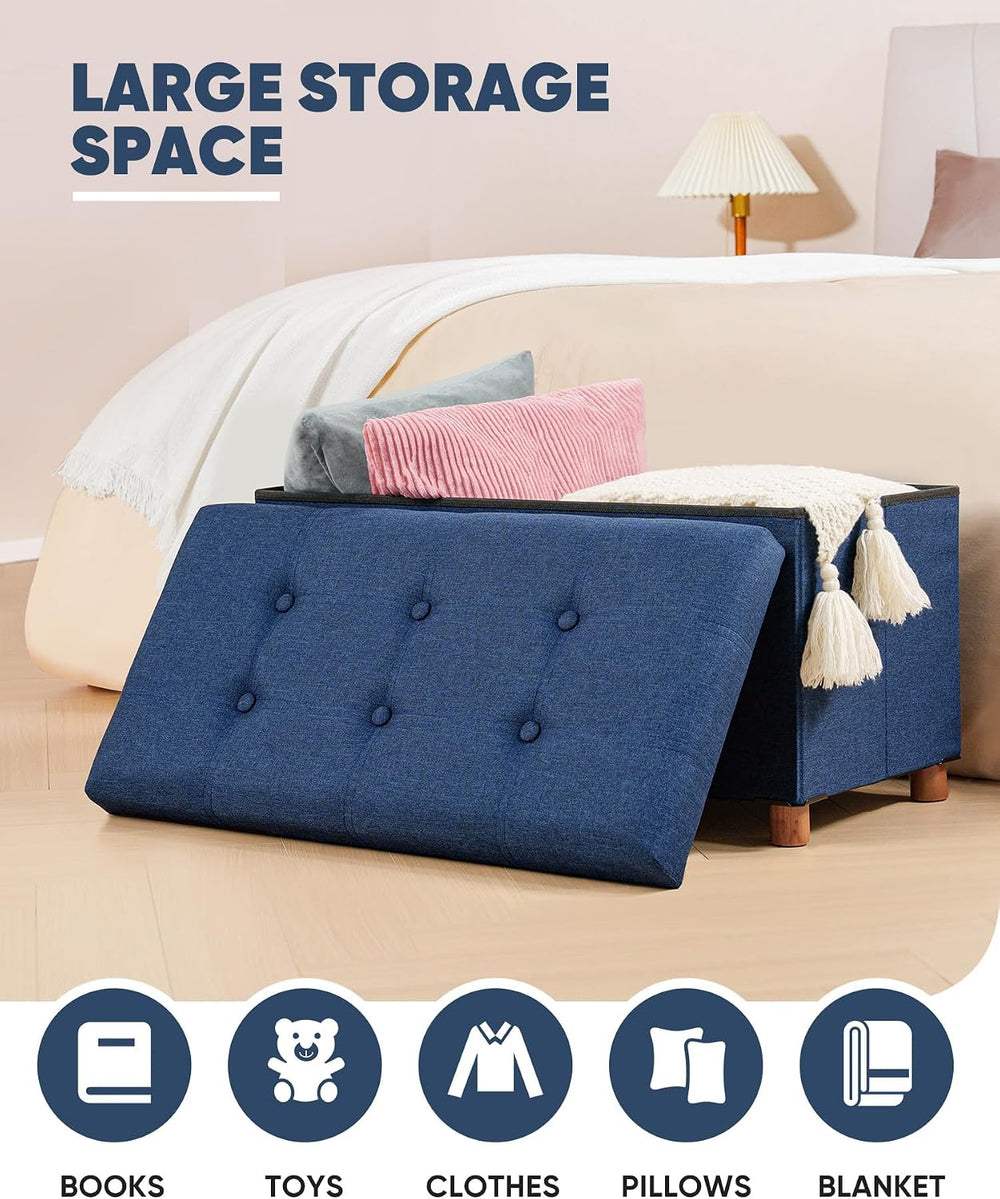 B FSOBEIIALEO 30" Folding Storage Ottoman with Tray, Wood Legs, Linen Blue