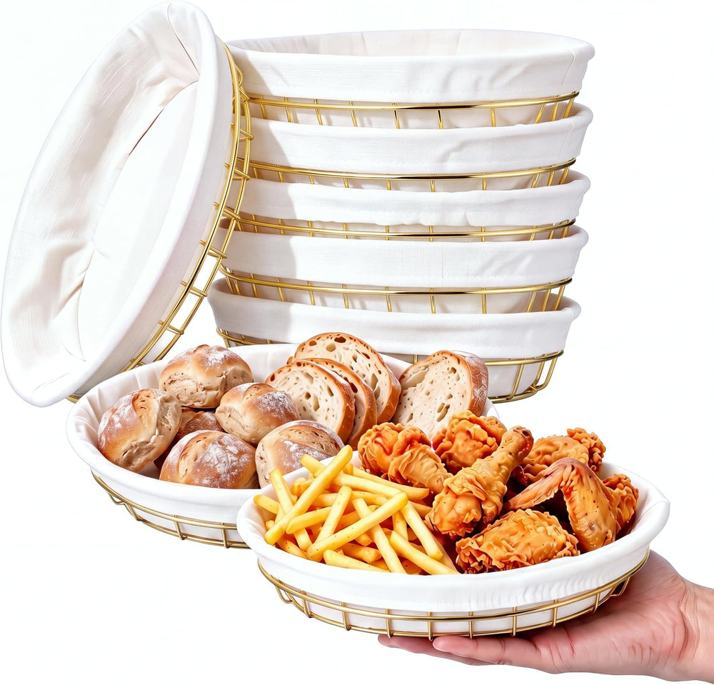 6 Pack Oval Metal Wire Baskets with Liner Cloth for Table Serving 9.5 x 6.2 x...