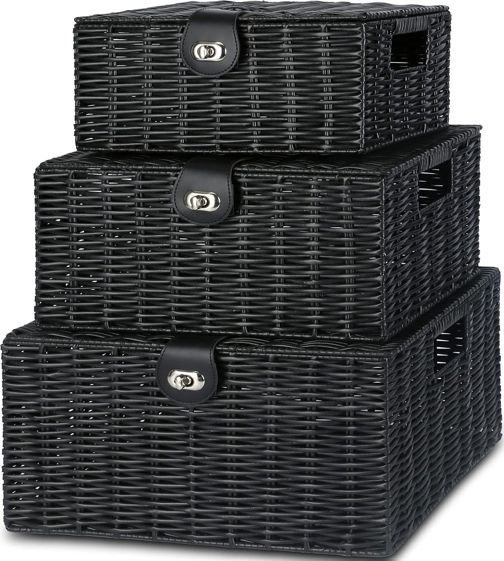 Honygebia Black Wicker Storage Baskets - Set of 3 Decorative Nesting Boxes wi...