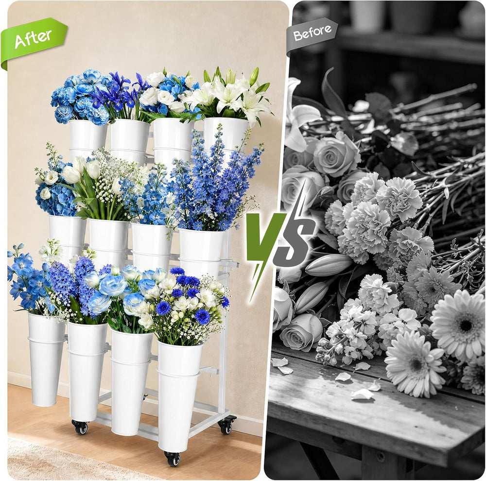 Flower Display Stand With 12 Buckets,3-Tier Flower Bar Stand with Wheels,Flow...
