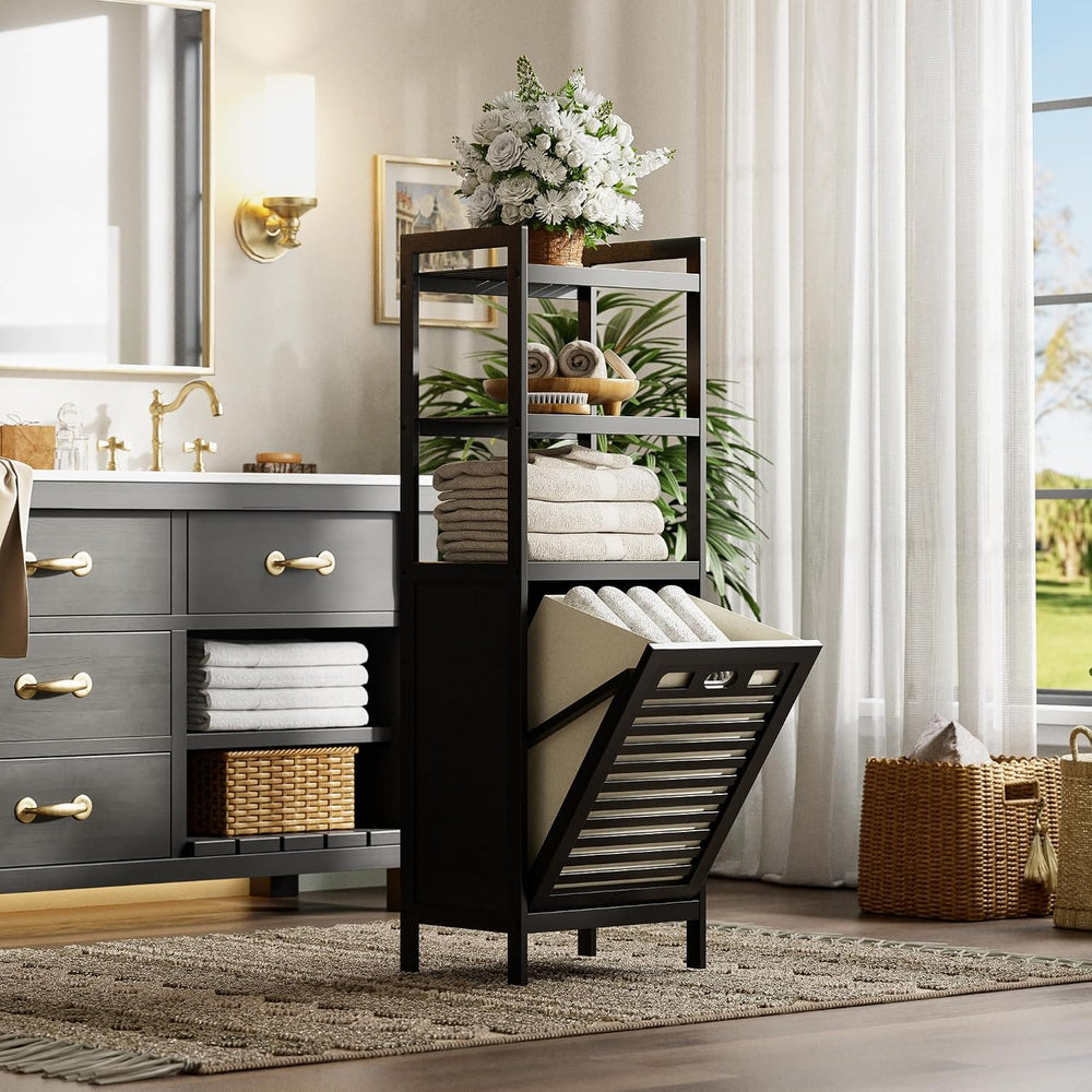 HITNET Tilt Out Laundry Hamper, Bamboo Bathroom Cabinet with Pull Out Removab...