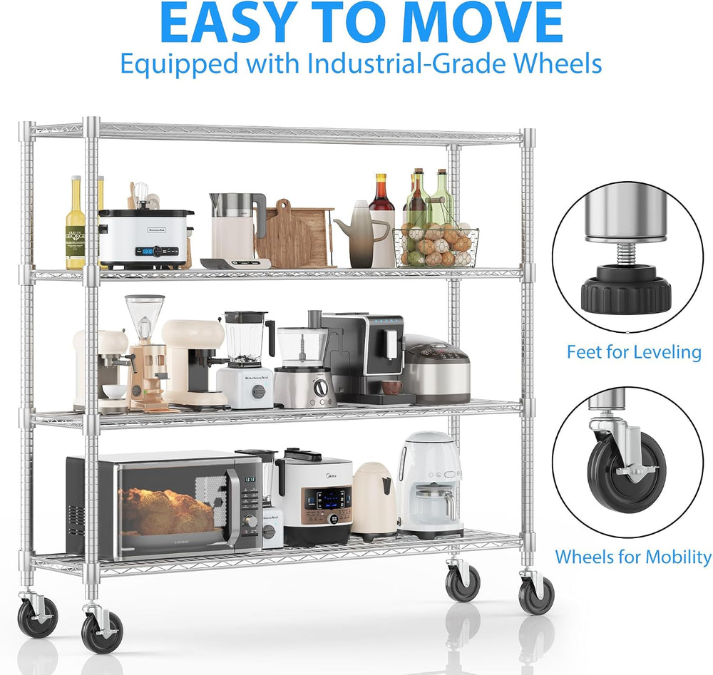 Homdox 4 Tier Heavy Duty Metal Wire Shelving with Wheels, 2400 lbs Capacity G...