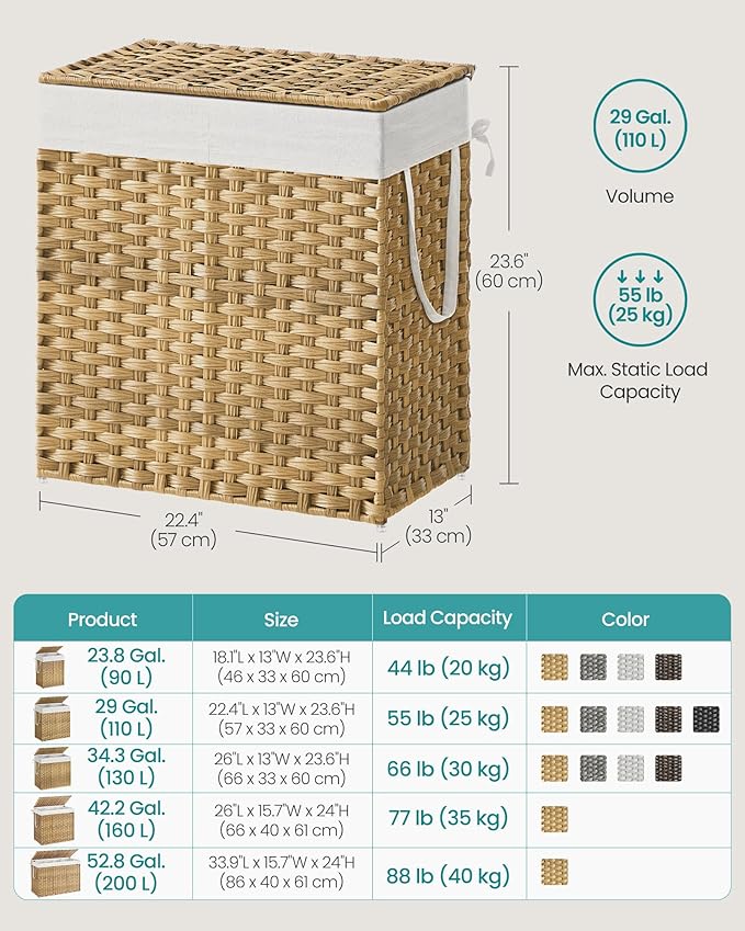 SONGMICS Laundry Hamper with Lid, 110L Clothes Hamper with 2 Removable Liner