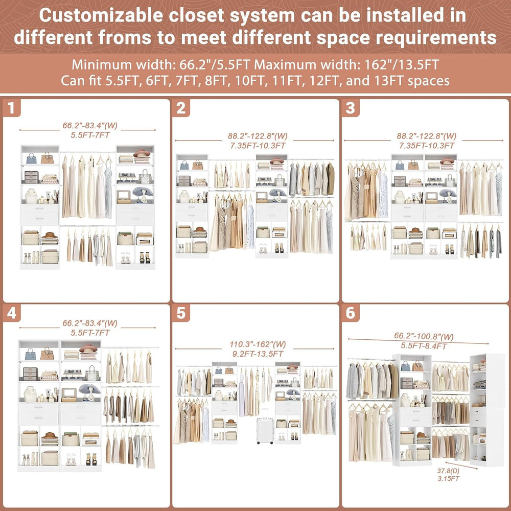 Besiost Closet System, 7.4ft-10ft with 4 Wooden Drawers and 5 Hanging Rods, C...