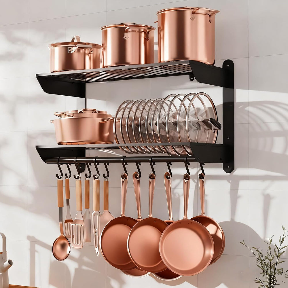 YIGII Wall Mounted Pot Rack 30 Inch, 2-Tier Kitchen Storage Shelf