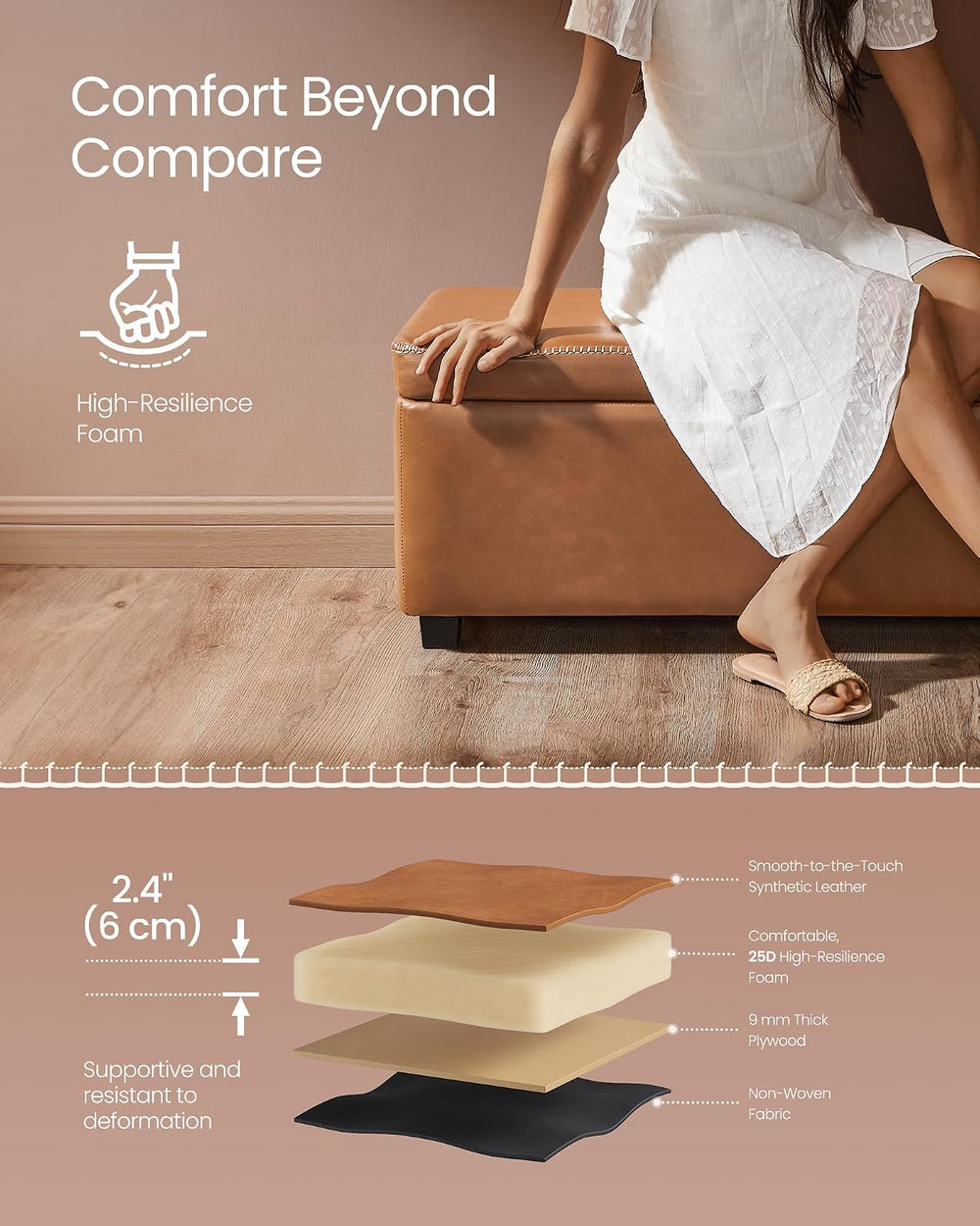 VASAGLE Storage Ottoman Bench with Stitching, PU Leather, Entryway Bedroom