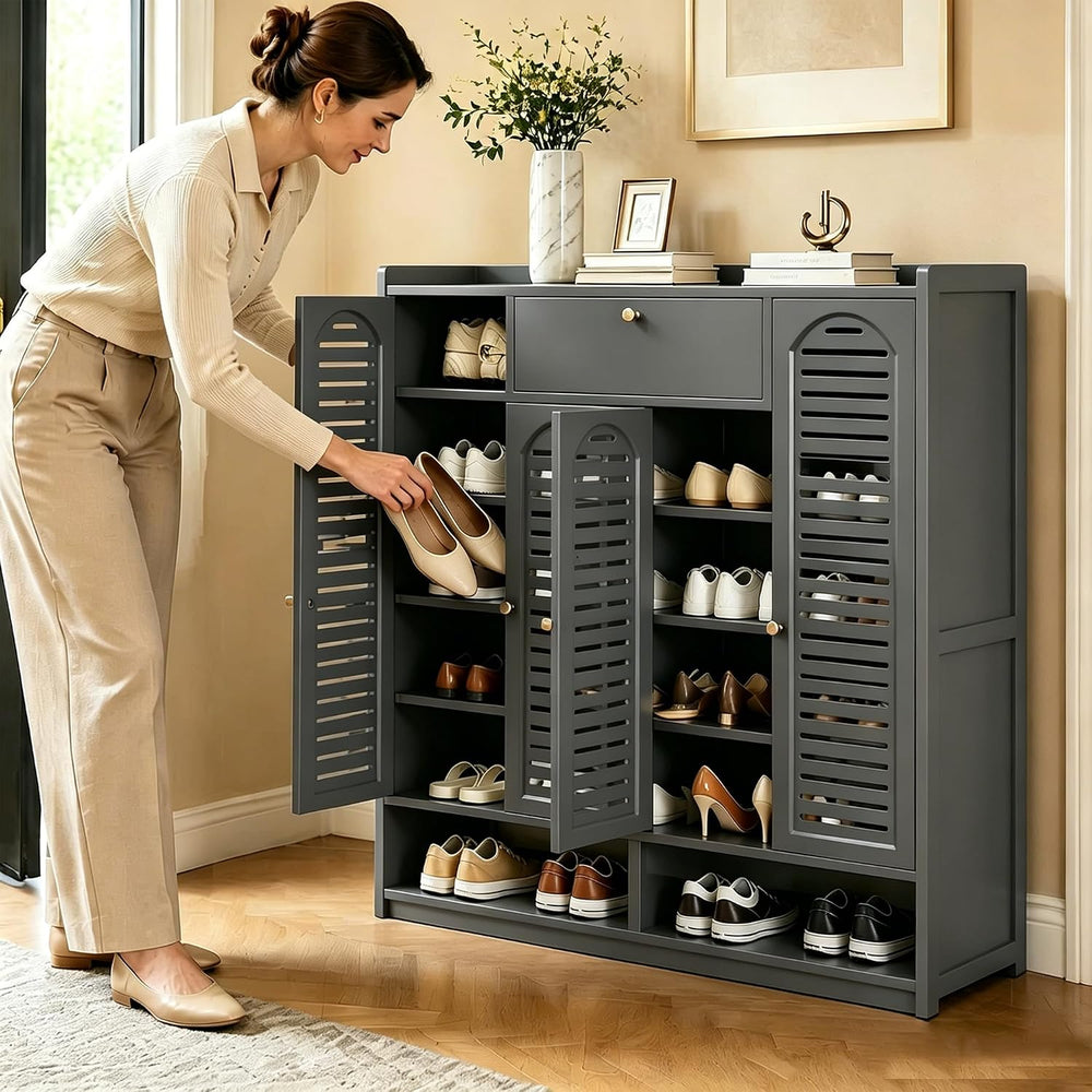 7-Tier Bamboo Shoe Cabinet,Shoe Storage Cabinet with Doors, 25-30 Pairs Frees...