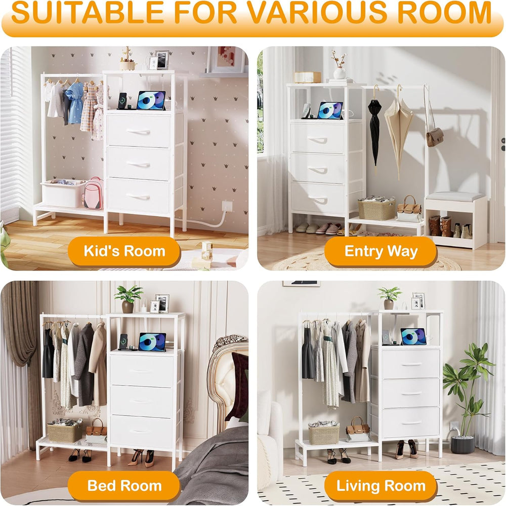 Dresser for Bedroom with Hanging Rack, 3 Drawers Closet with Charging Station...