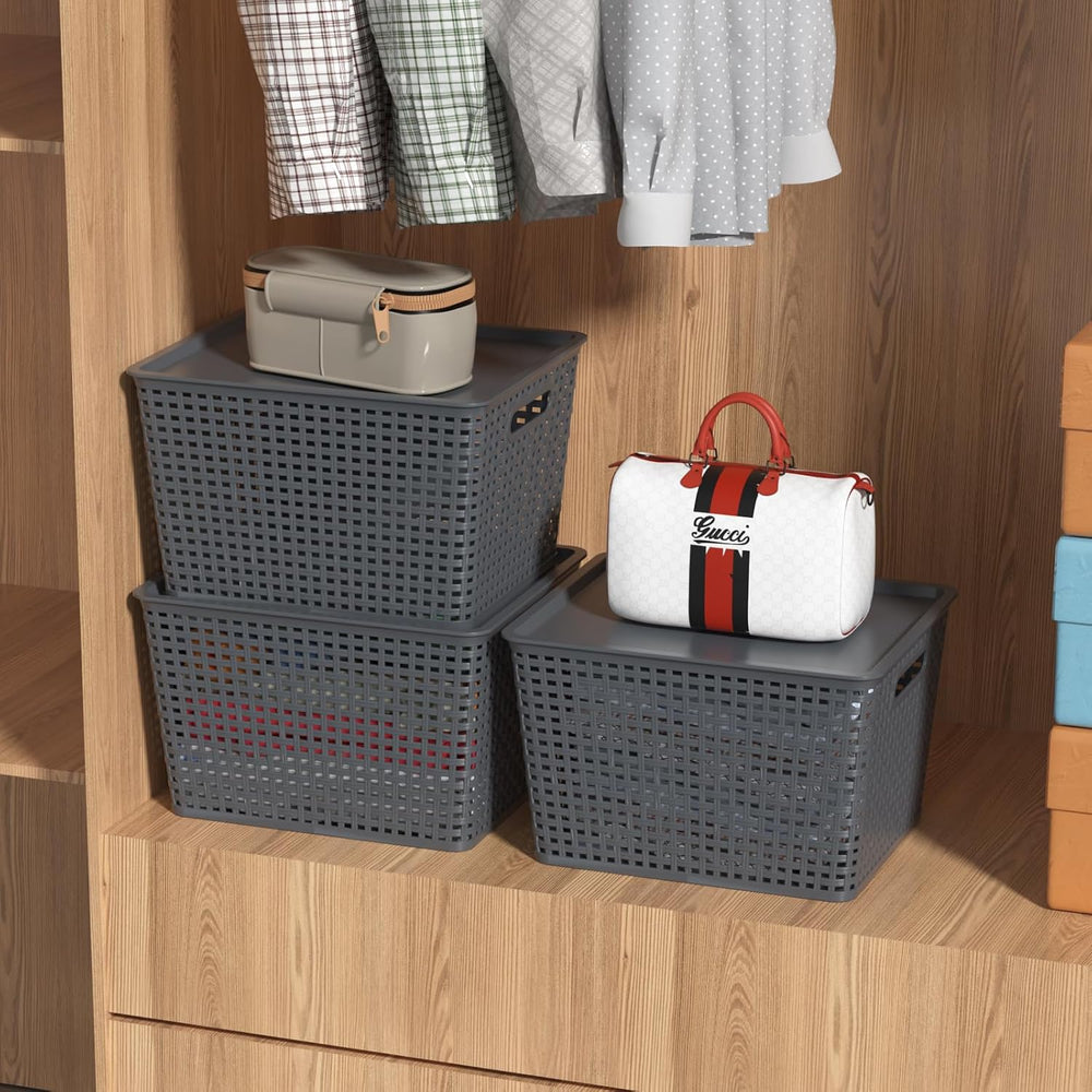 6 Packs Large Plastic Storage Basket Bin with Lid, Tall