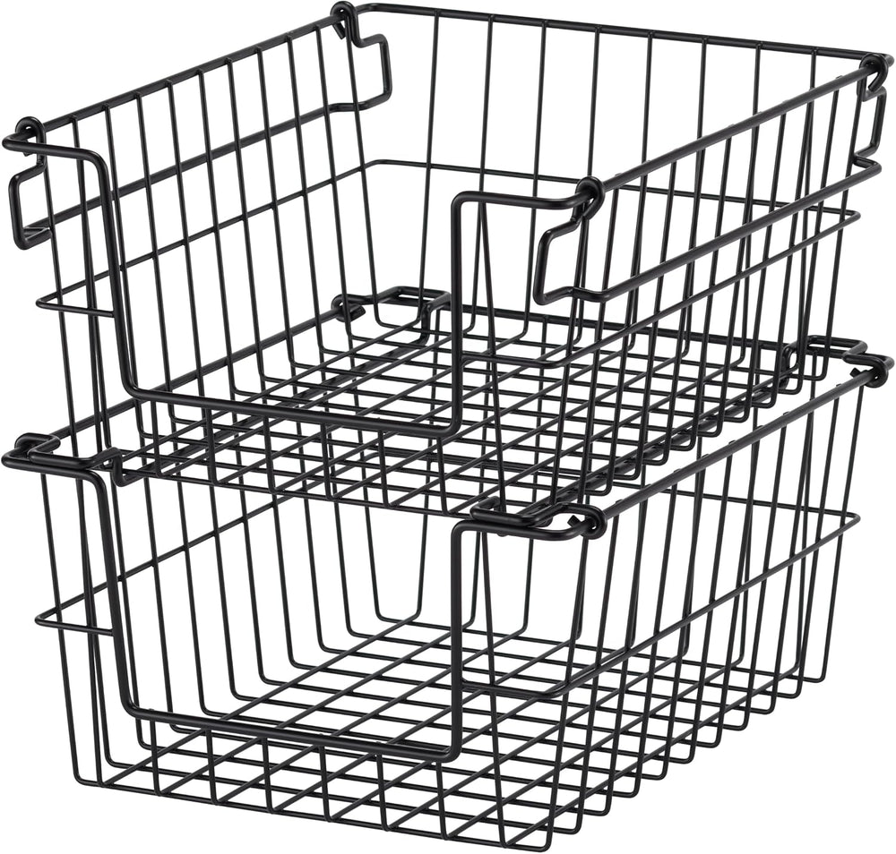 TRINITY 2-Pack Stackable Metal Wire Storage Baskets With Handles, Black, 11 I...