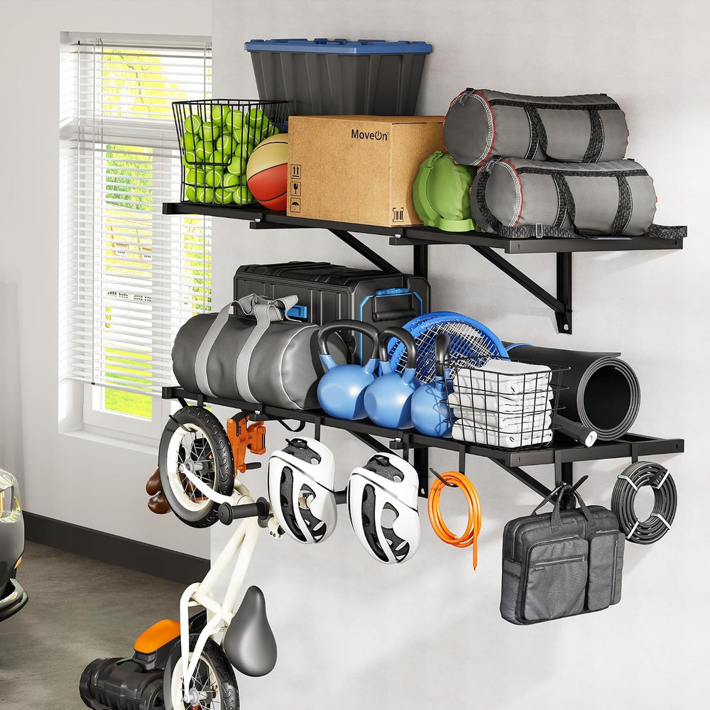 FLEXIMOUNTS 2-Pack 2x4ft Garage Wall Shelving, 8 Hooks, Heavy Duty, Black