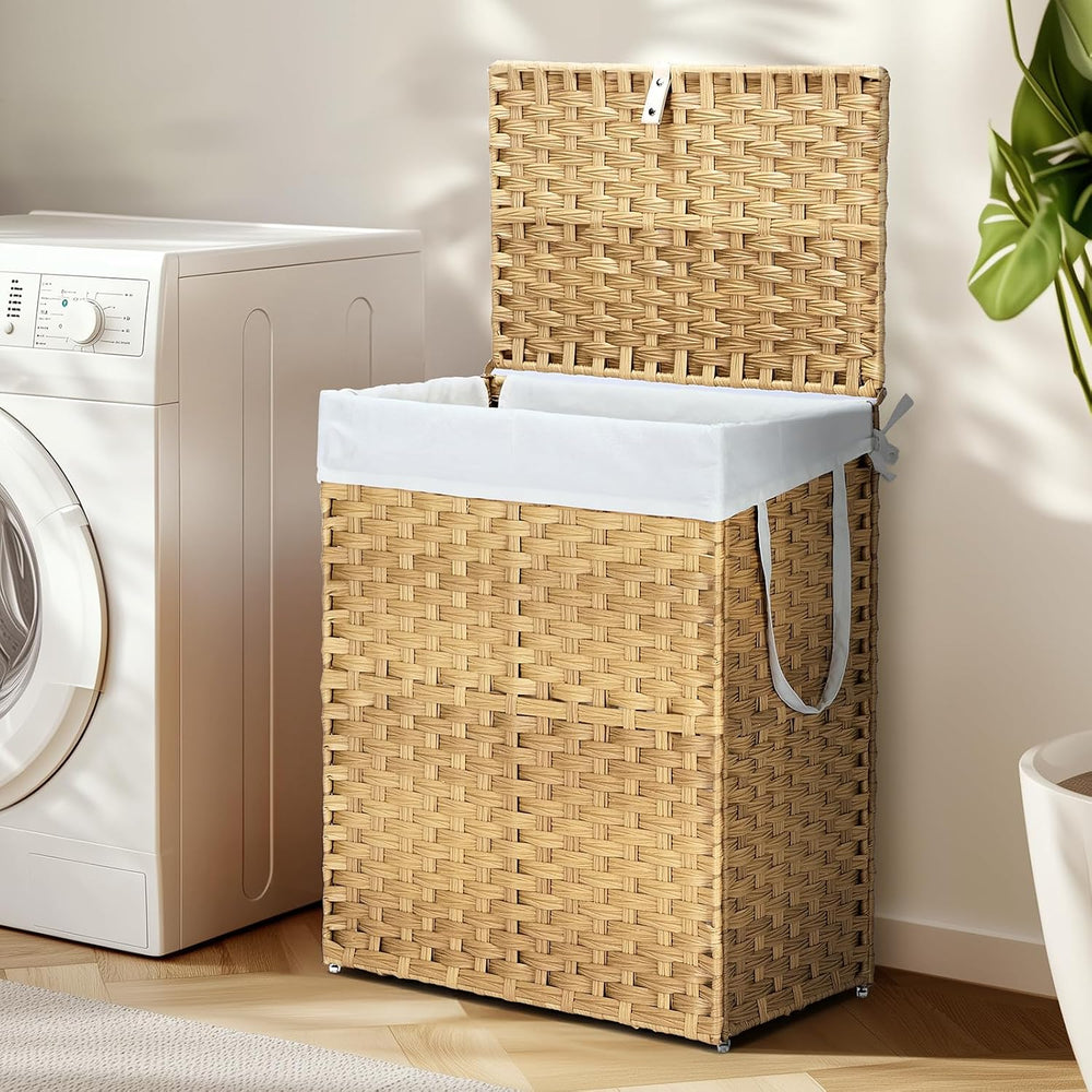 DUMOS Laundry Basket with Lid, 90L Wicker Laundry Hampers, Goose Yellow