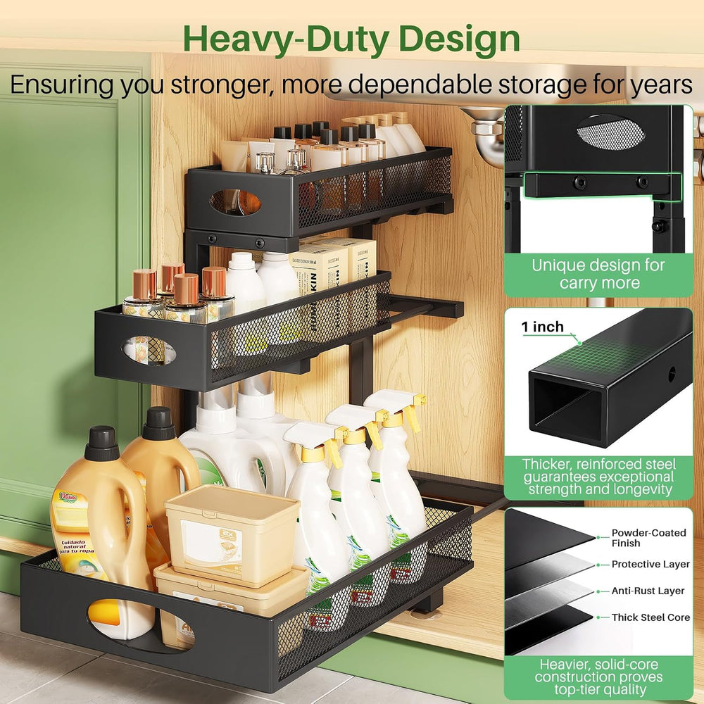Kitstorack Under Sink Organizer 3-Tier Slide Out Drawer 2-Pack Black
