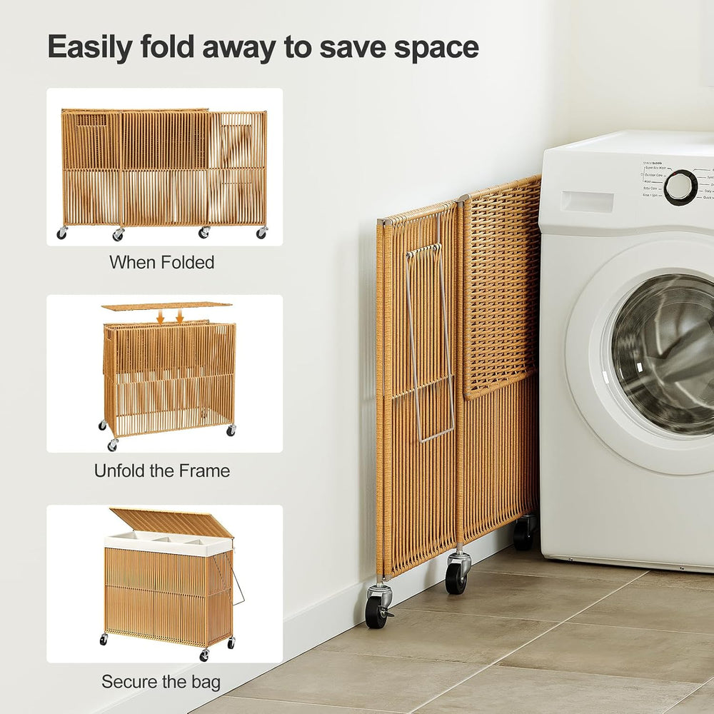 WOWLIVE Laundry Basket 3 Section, Handwoven Laundry Hamper with Wheels