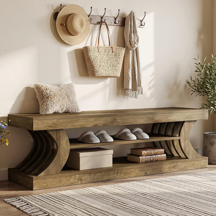 Tribesigns 63" Entryway Shoe Bench, 3-Tier End of Bed Bench with Open Storage Shelves, Wooden Shoe Storage Bench for Bedroom, Entryway, Foryer, Hallway, Brown