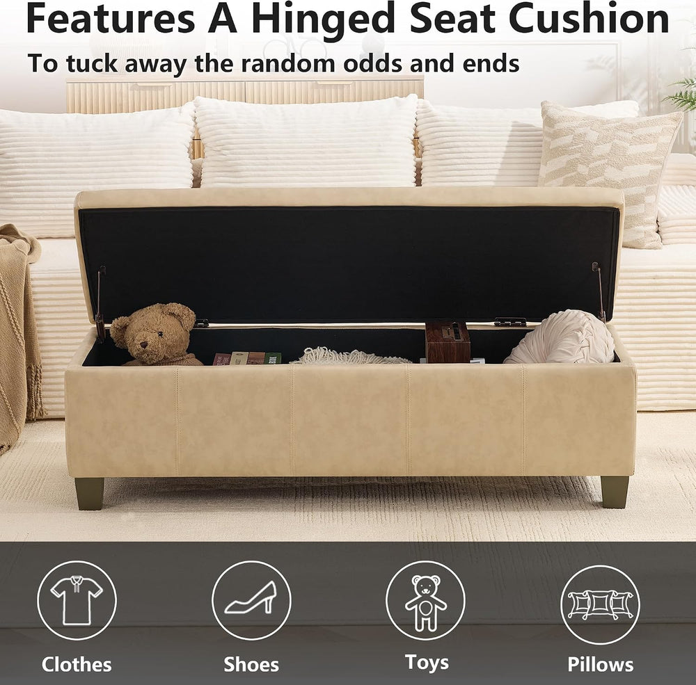 51 Inch Storage Ottoman, Storage Bench with Safety Hinge, Upholstered Synthet...