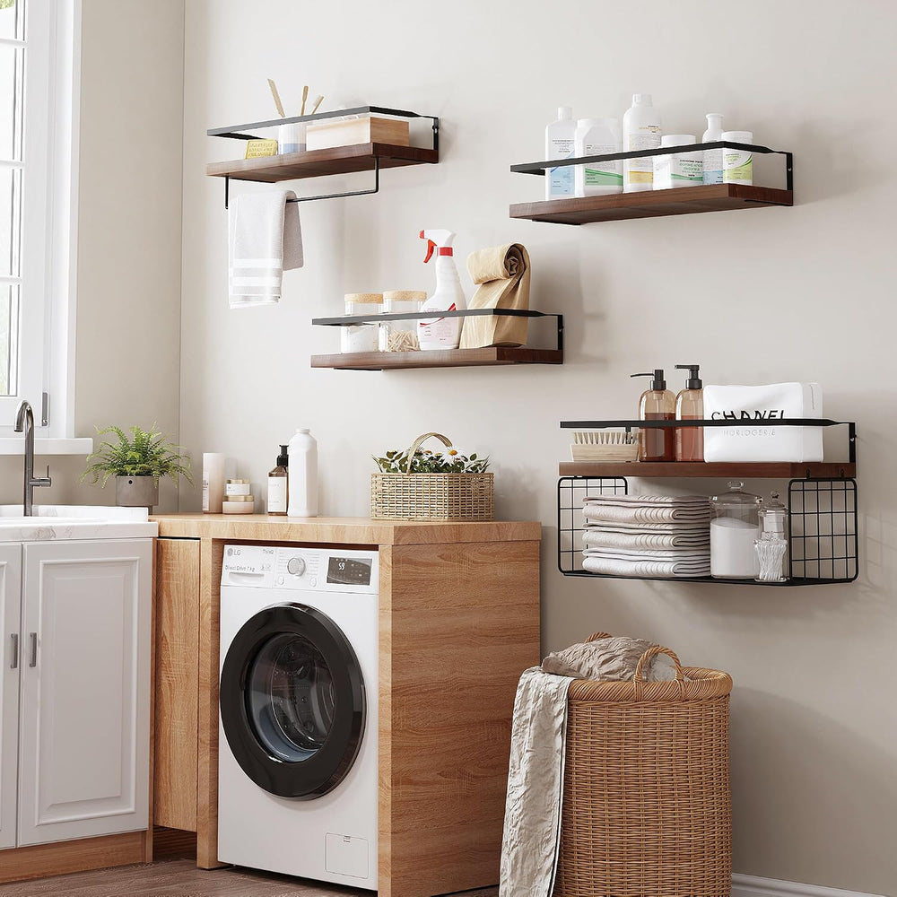 Bathroom Floating Shelves Wall Mounted - 4+1 Tier Rustic Wooden Bathroom Wall...