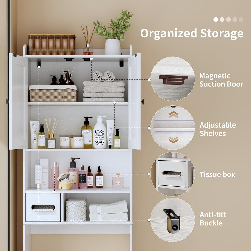 Over the Toilet Storage Cabinet, Tall Slim Bathroom Organizer with Doors, Adj...