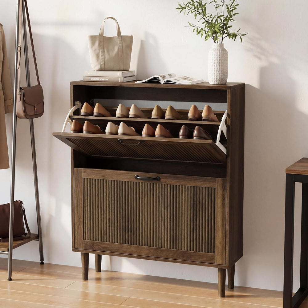 Smuxee Walnut Shoe Cabinet with 2 Flip Drawers, 31.5" Hidden Shoe Storag...