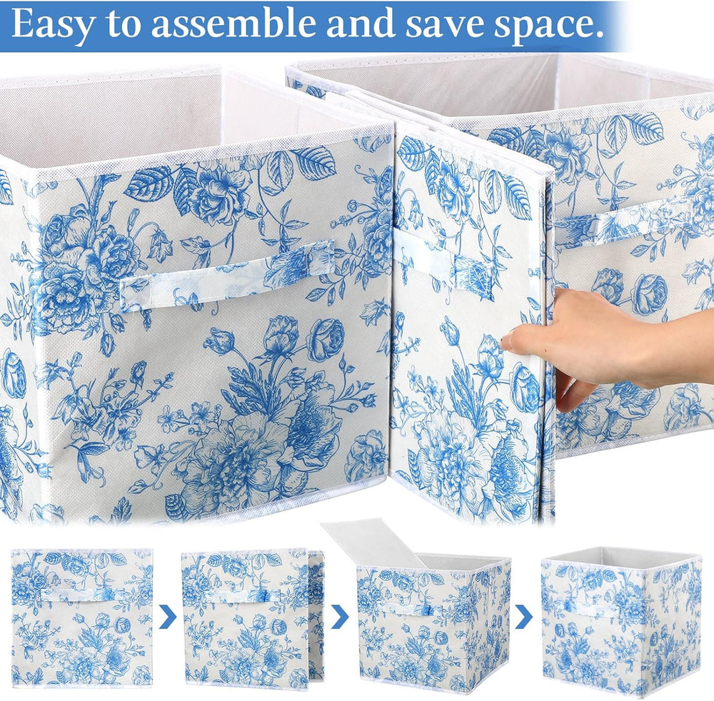 Geelin 6 Pcs Blue Floral Cube Storage Bins 11 Inch Storage Basket