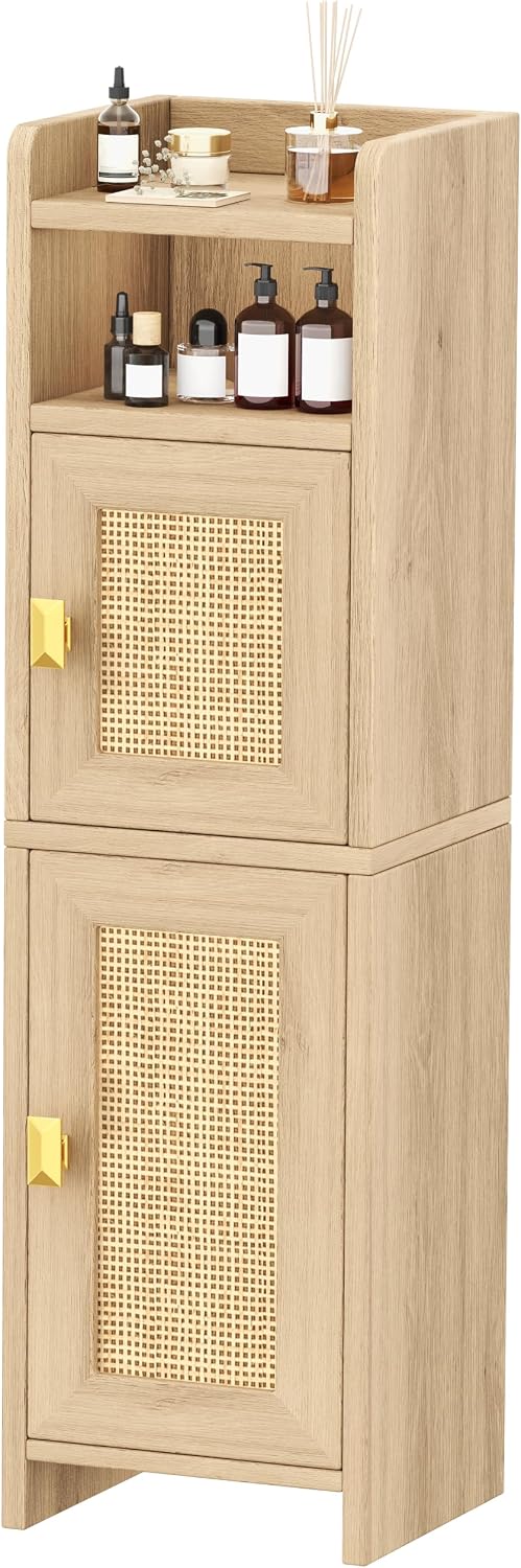 Akxomel Rattan Small Bathroom Cabinet with Open Shelf Wooden Floor Unit