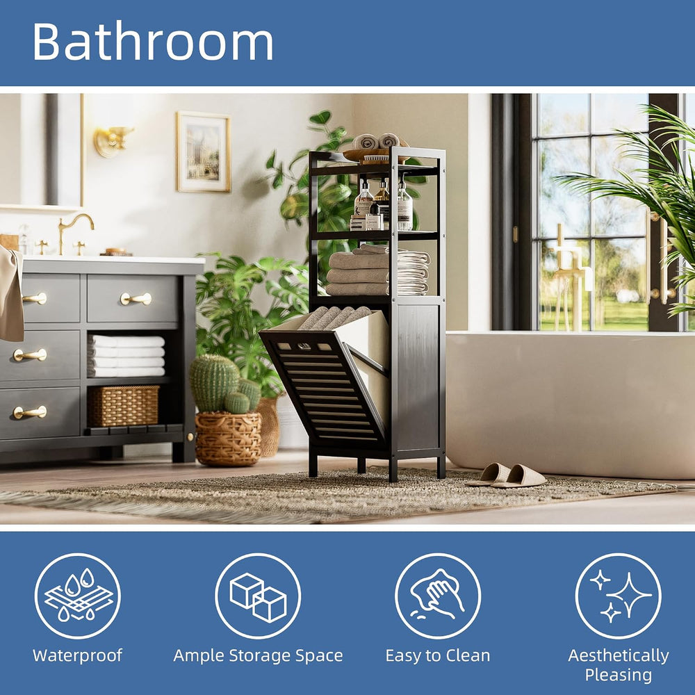 HITNET Tilt Out Laundry Hamper, Bamboo Bathroom Cabinet with Pull Out Removab...