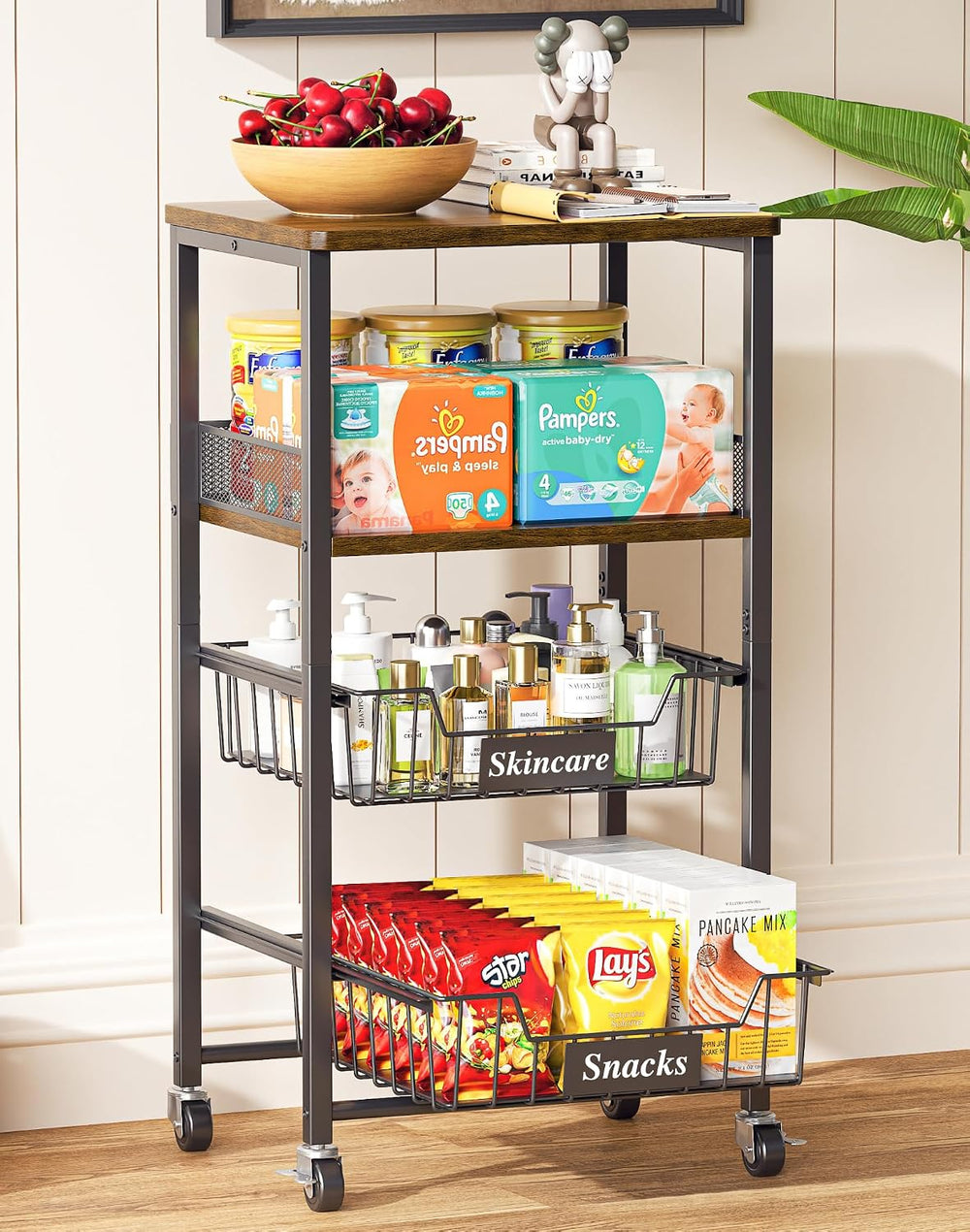 OKZEST 4-Tier Rolling Storage Cart with Upgraded Drawer Basket & Wood Shelf