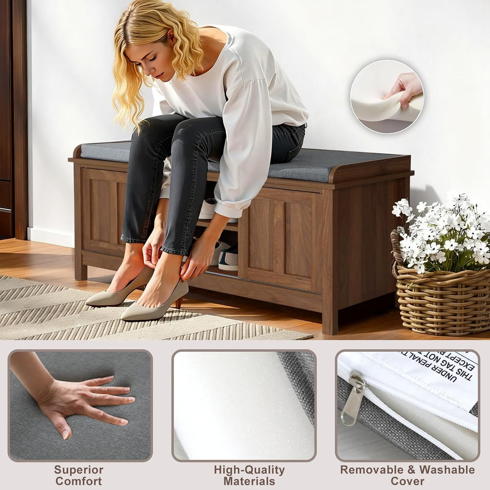 Shoe Storage Bench with Sliding Doors & Adjustable Shelves