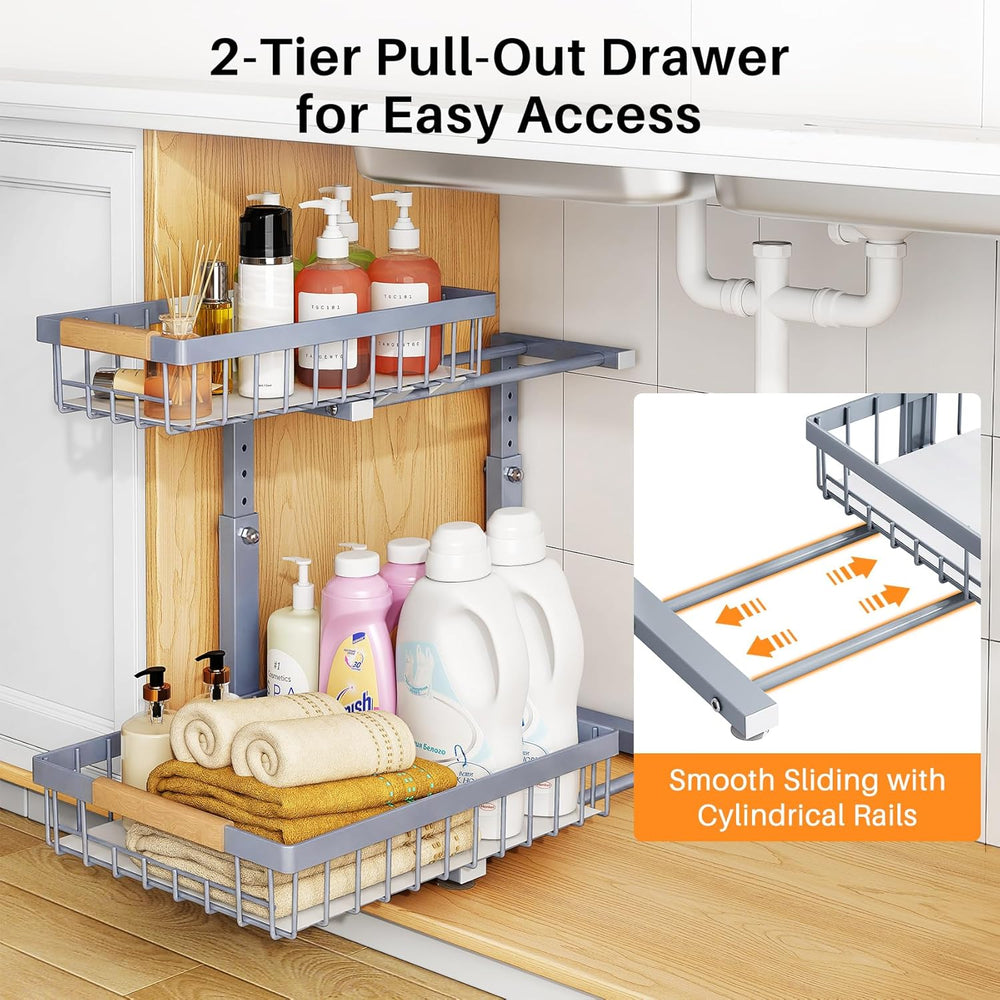 PXRACK Under Sink Organizer, Adjustable Height, 2 Tier Pull Out Under Cabinet...