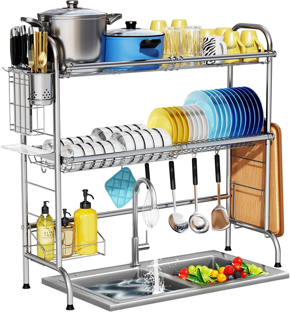 HOWDIA Stainless Steel 2-Tier Over The Sink Dish Drying Rack with Utensil Hol...