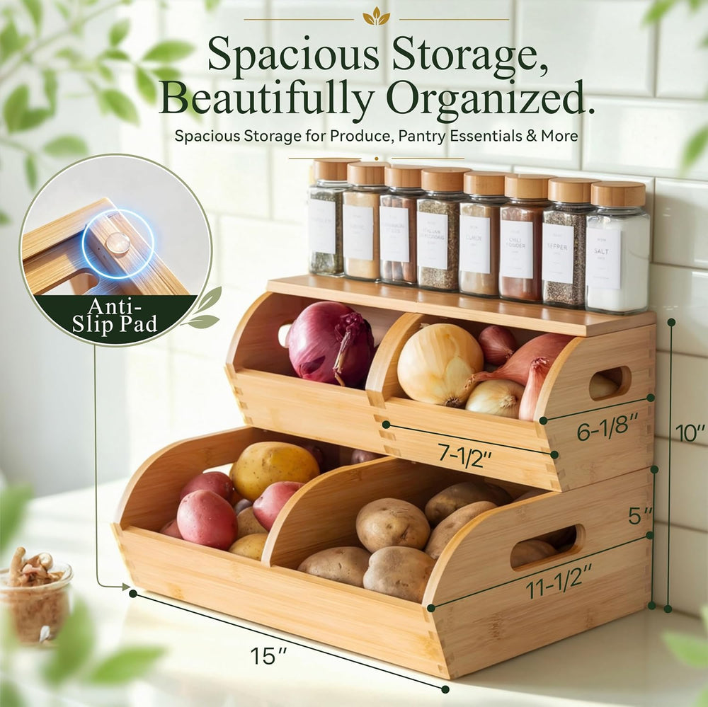Bamboo Potato and Onion Storage Bin Wood Vegetable Garlic Produce Organizer