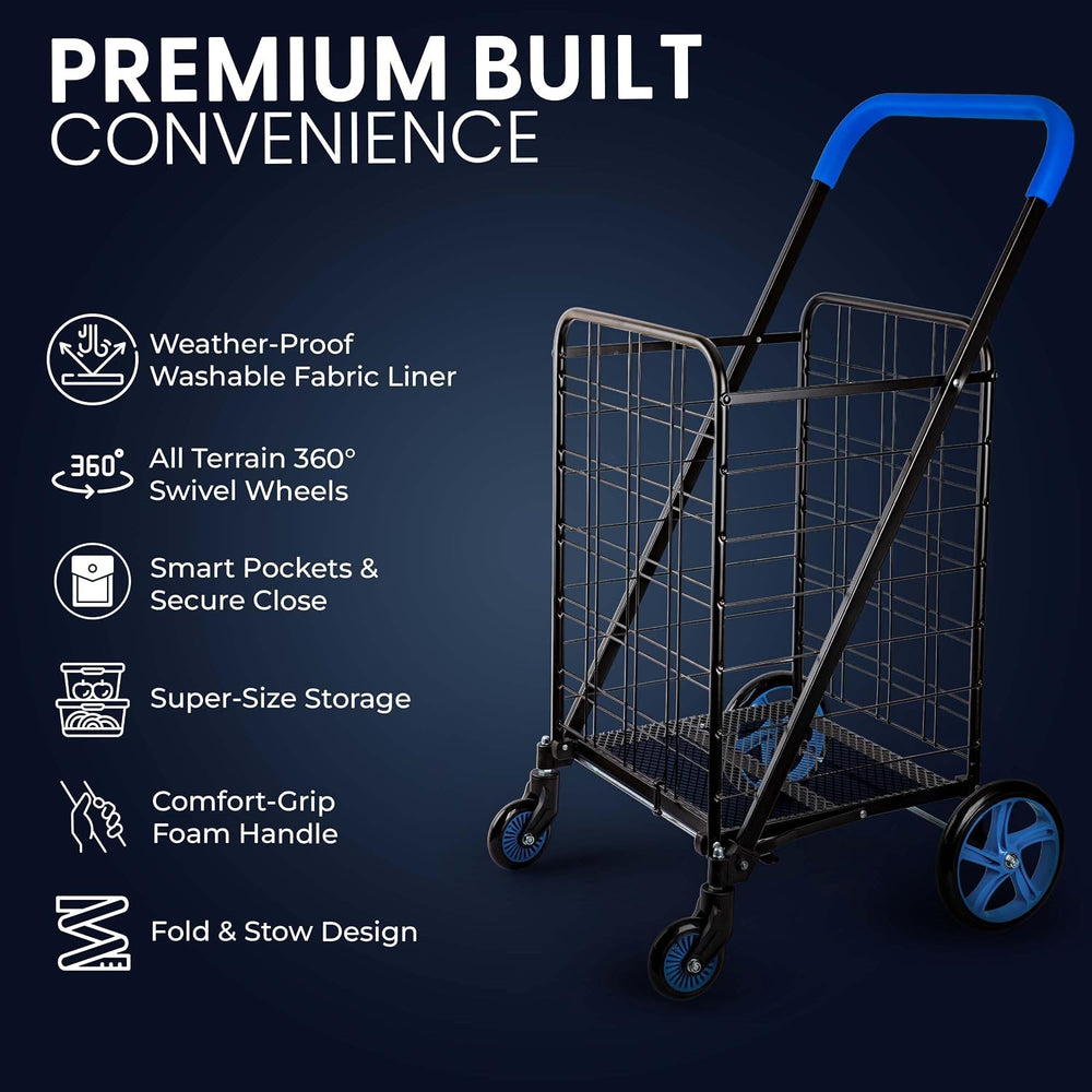 SereneLife Large Folding Utility Shopping Cart with Removable Liner – Heavy D...